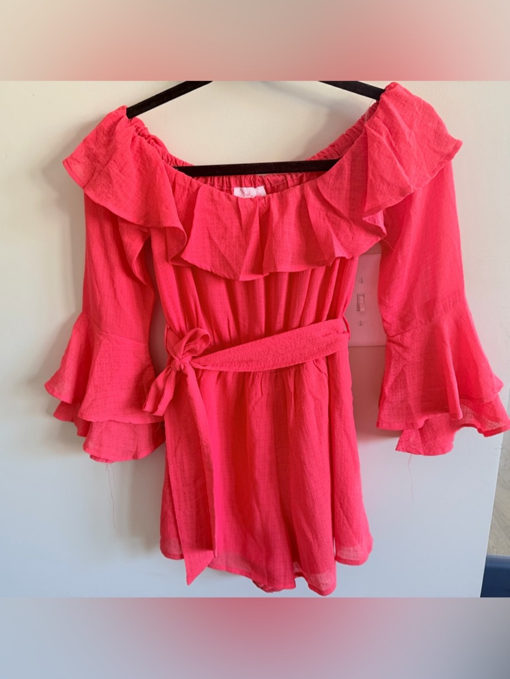 Pink Lily Coral Pink Off-Shoulder Ruffle Romper